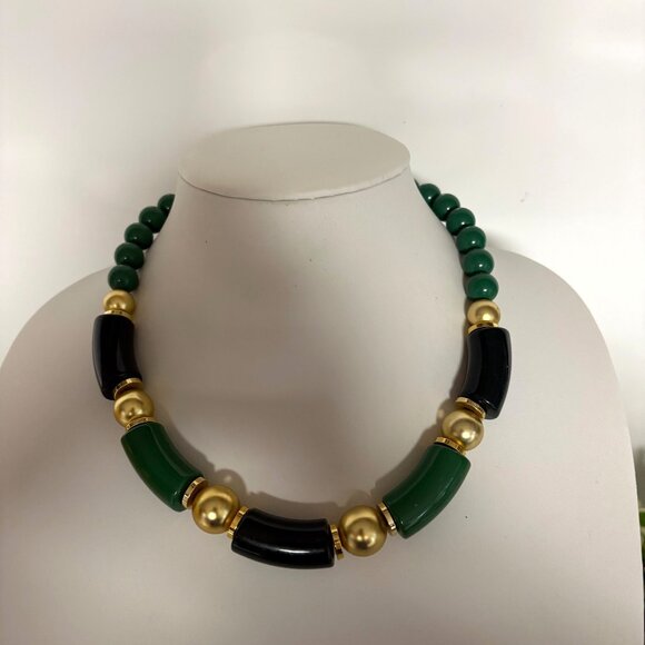 Vintage Green Gold Tone Beaded Statement Necklace Chunky Asian Inspired Retro - Picture 1 of 8